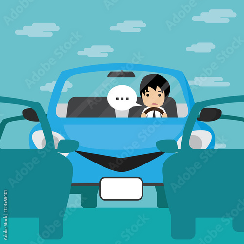 Businessman driving in blue car with traffic jam, Businessman Vector illustration.