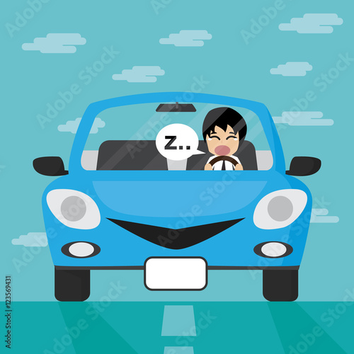 Businessman driving in blue car with sleepy enotion, Businessman Vector illustration.