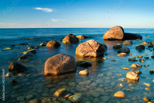 Coastal Sunset, Huge Boulders in the Baltic Sea, Rugen Island, Germany