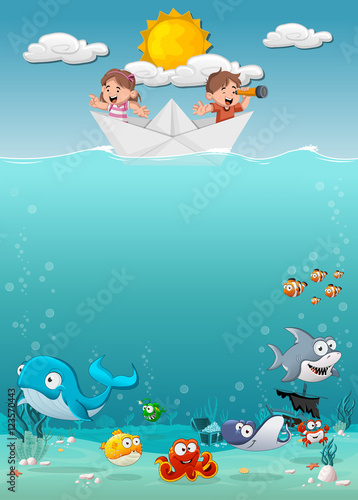 Kids inside a paper boat at the ocean with fish under water. Cartoon children at the sea.


