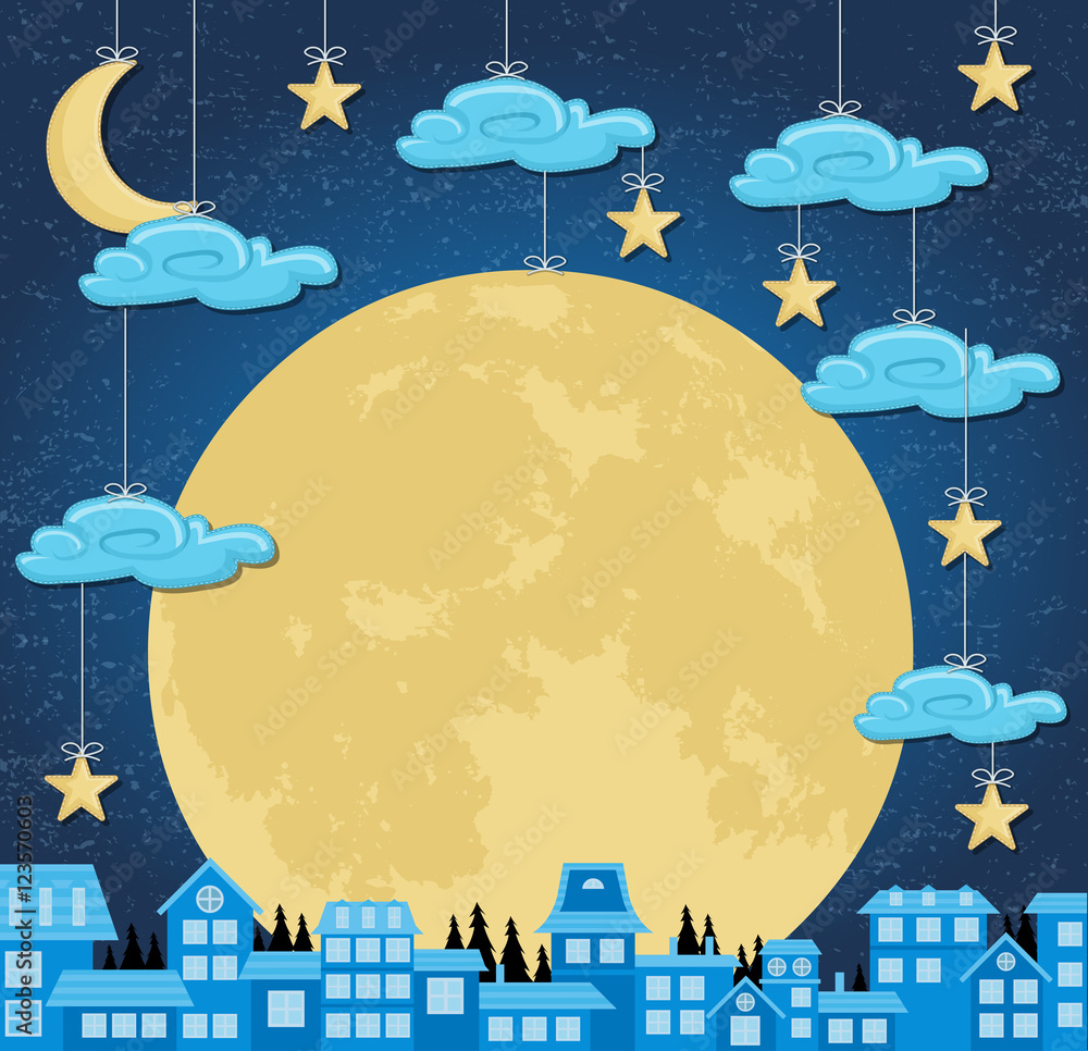 Big moon over the city. Sky with moon, stars and clouds hanging on strings. Big moon over the city. Sky with moon, stars and clouds hanging on strings.