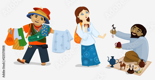 Vector illustration of comic tourist girl and street dealers. Scared woman refuses to buy goods from insistent sellers. Funny characters in exotic journey.