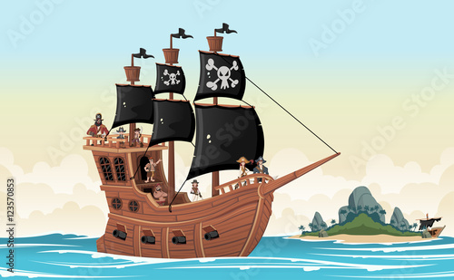 Canvas-taulu Group of cartoon pirates on a ship at the sea