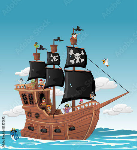 Group of cartoon pirates on a ship at the sea 