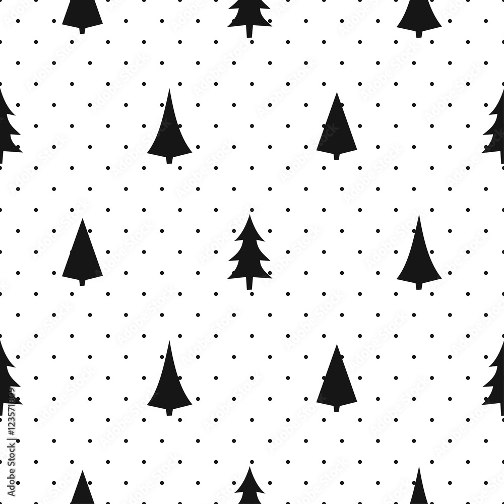 Black and white simple seamless Christmas pattern - varied Xmas trees. Happy New Year polka dots background. Vector design for textile, wallpaper, fabric, wrapping paper. Black and white simple seamless Christmas pattern - varied Xmas trees. Happy New Year polka dots background. Vector design for textile, wallpaper, fabric, wrapping paper.