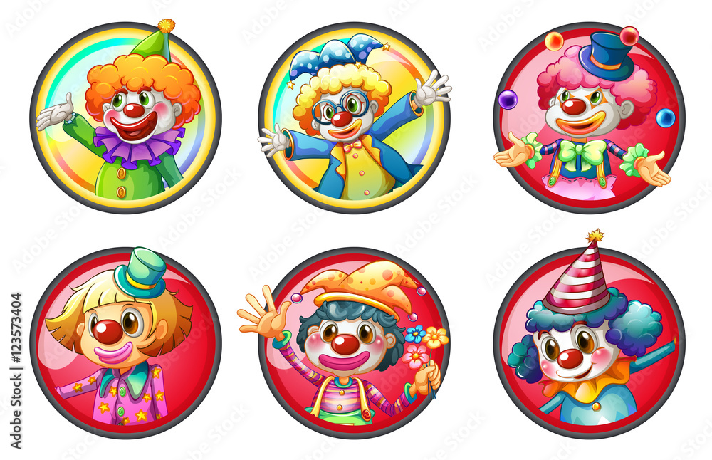 Clown characters on round badges