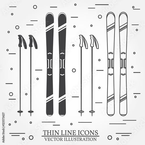 Set of skiing equipment silhouette icons.
