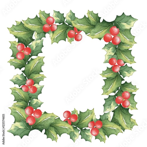 Square frame of Christmas mistletoe. Festive background. Handmade drawing. Isolated on white.