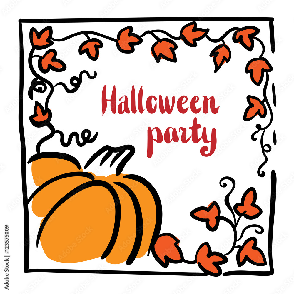 October 31 design element. Pumpkin, tendrils and large lobed leaves. Greeting or invitation card template, hand drawn sketchy illustration. Halloween party clip-art. Red, black, orange and white October 31 design element. Pumpkin, tendrils and large lobed leaves. Greeting or invitation card template, hand drawn sketchy illustration. Halloween party clip-art. Red, black, orange and white