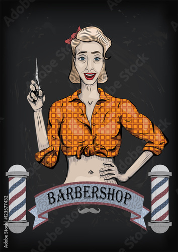 Female woman girl lady hairdresser, barber with scissors, shear,