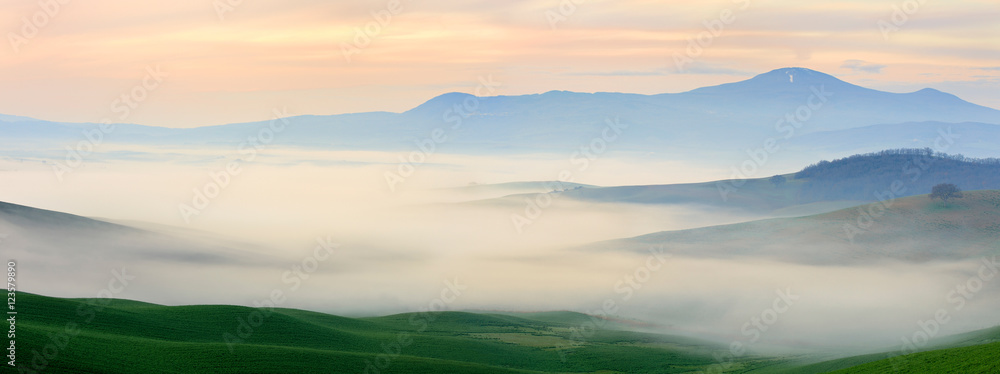 Tuscany Landscape at Sunrise, Morning Fog, Val d’Orcia, Tuscany, Italy Tuscany Landscape at Sunrise, Morning Fog, Val d’Orcia, Tuscany, Italy