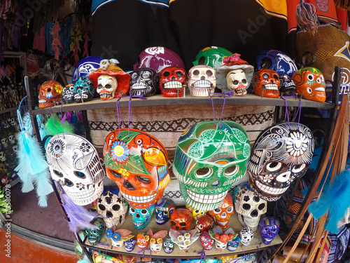 Day of the Dead skulls in open air shop