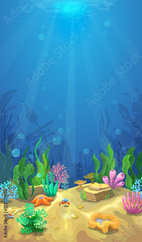 Underwater landscape. The ocean and the undersea world with different inhabitan, Mobile format vector marine life illustration