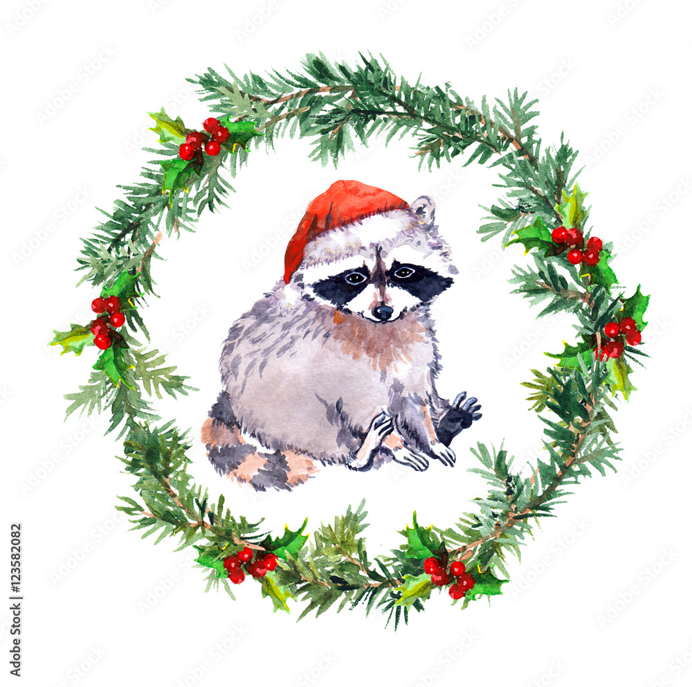 New year wreath - fir tree and mistletoe. Watercolor New year wreath - fir tree and mistletoe. Watercolor
