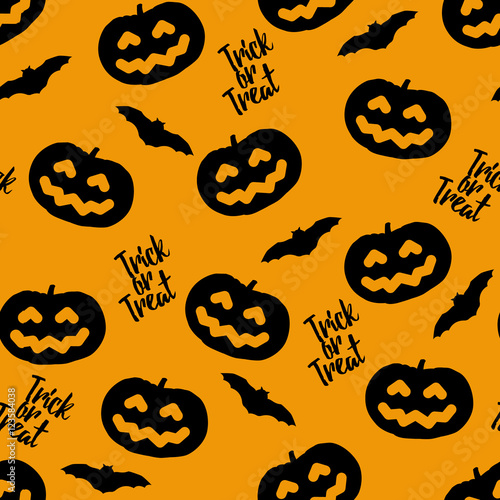 Seamless pattern for Halloween with pumpkins and bats. Vector background.