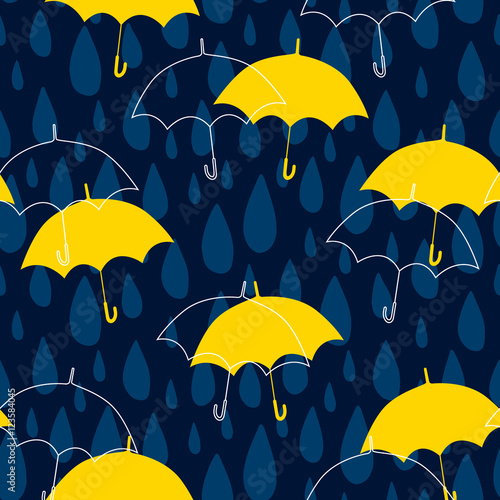 Seamless pattern with raindrops and umbrellas. Vector autumn background.