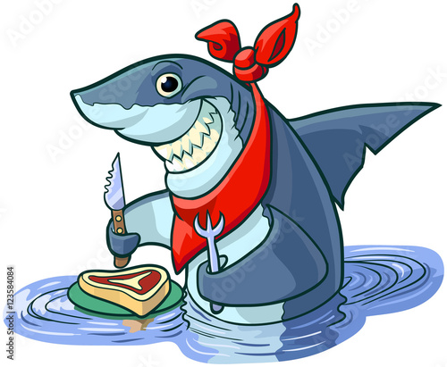 Cute Happy Cartoon Shark with Steak and Eating Utensils