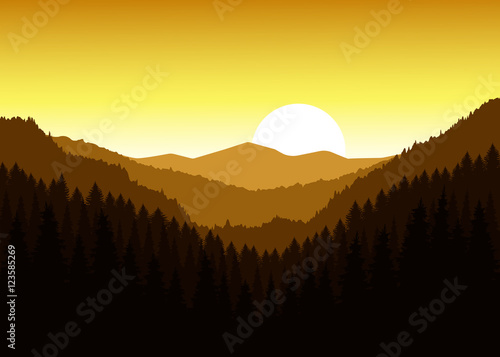 Image landscape. Panorama of mountains. Valley(canyon). Three peaks. Sunset. Golden shades.