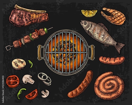 Barbecue grill top view with charcoal, mushroom, tomato, pepper, sausage, lemon, fish and beef steak. Food restaurant menu template