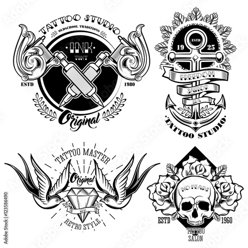 Tattoo Studio Monochrome Emblems Set