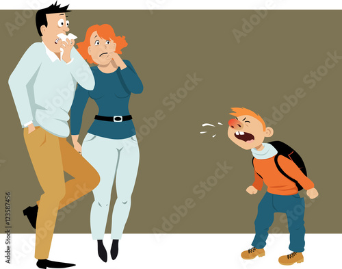 Terrified parents looking at the sneezing boy, coming from a school sick with a cold, EPS 8 vector illustration