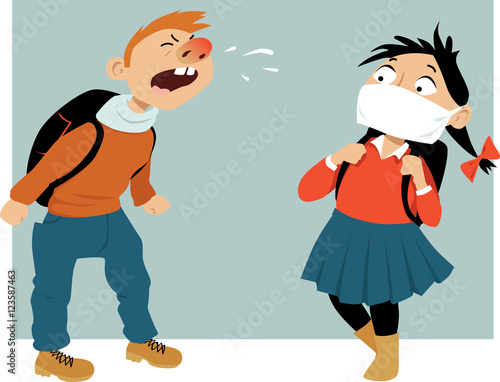 Schoolboy sneezing at his classmate, who is wearing a medical face mask, EPS 8 vector illustration, no transparencies