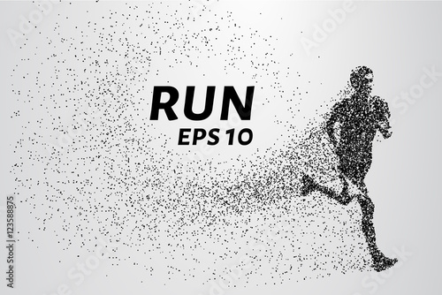 Runner of the particles. The man runs and the wind out of him pulling out pieces in the shape of a circle