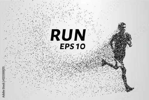 Obraz Biegacz cząstek. Mężczyzna biegnie, a wiatr z niego wyciąga kawałki w kształcie koła