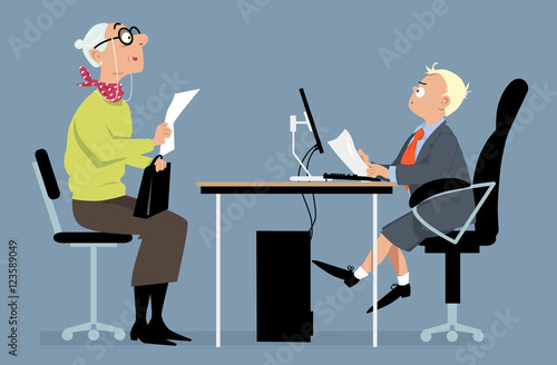 Elderly woman having a job interview with a hiring manager, looking like a little boy, EPS 8 vector illustration, no transparencies