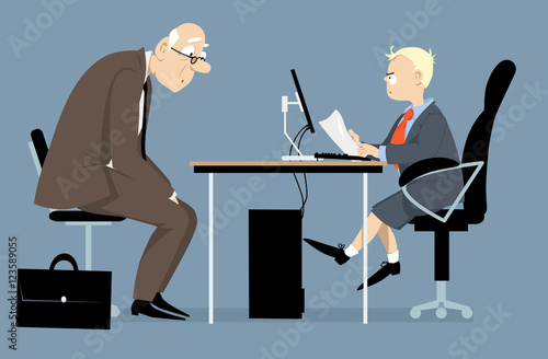 Elderly person having a job interview with a hiring manager  looking like a little boy  EPS 8 vector illustration