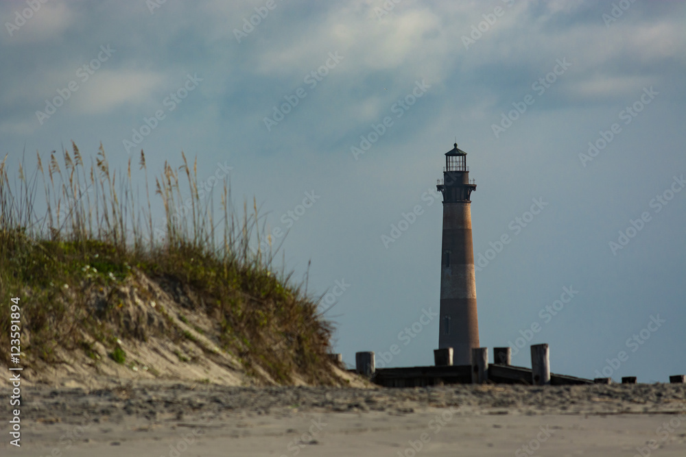 Historic lighthouse in South Carolina.  Morris Island lighthouse.  Travel destination. 