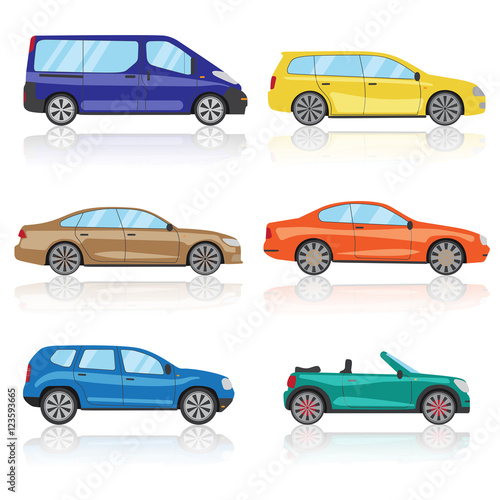 Cars icons set. 6 different colorful 3d sports car icon. Car vector 