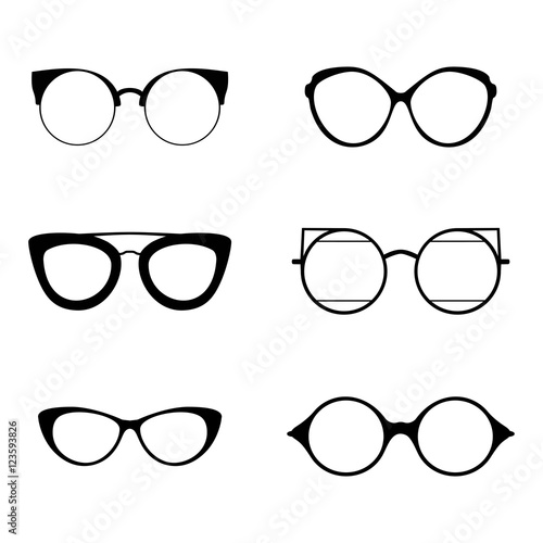 Retro collection of 6 various glasses. Sunglasses black silhouettes. Eye glasses set. Vector illustration