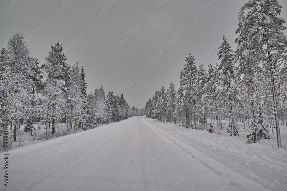 Fototapeta premium Road in Finland after snow blizzard