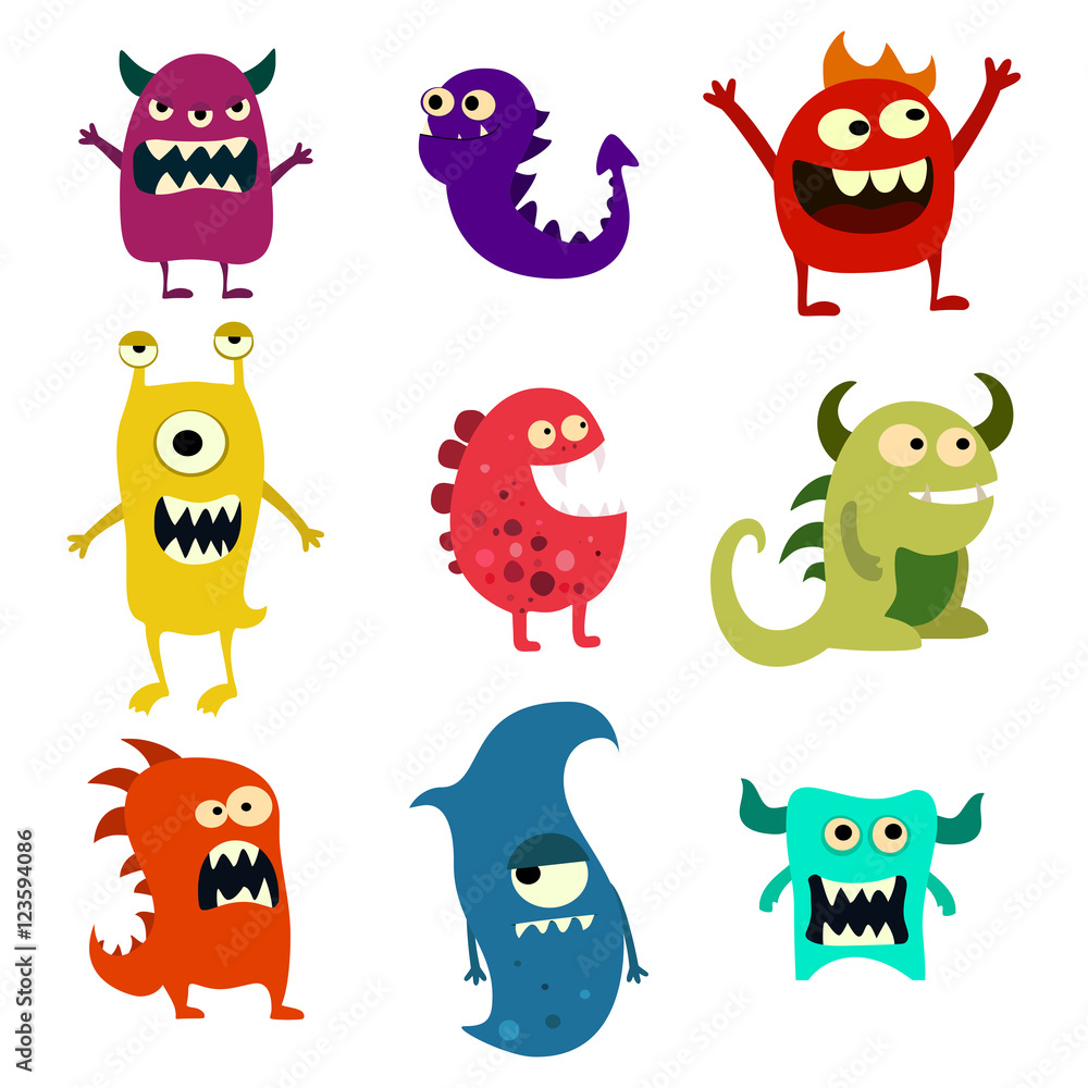 Naklejka Doodle zestaw potworów. Kolorowy zabawkarski śliczny obcy potwór. Wektor