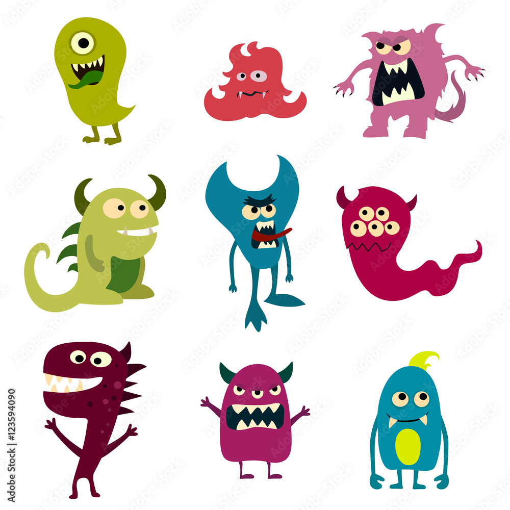 Obraz premium Doodle monsters set. Colorful toy cute alien monster. Vector
