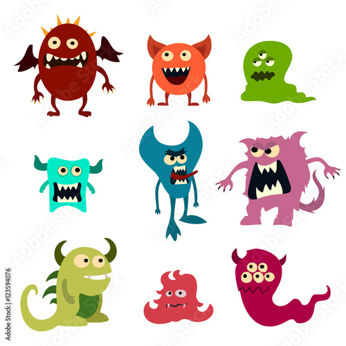 Doodle monsters set. Colorful toy cute alien monster. Vector