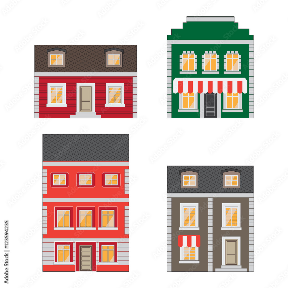 Beautiful detailed cartoon cityscape collection with townhouses. Small town street with victorian building facades. Template for web, graphic, game and motion design. Vector illustration