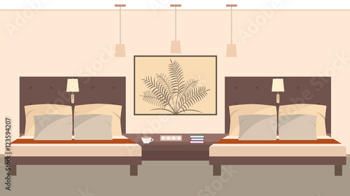 Elegant hotel room interior for two persons including beds, lamp