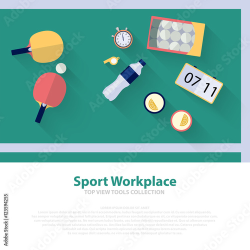 Pingpong green workspace flat icons. Ping pong table tennis Vector illustration 