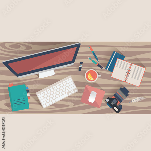 Top view workplace concept. Flat design office workplace, Vector  © whilerests