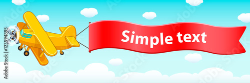 The plane flies in the blue sky with clouds. Fluttering red ribbon. Cartoon vector illustration. Poster.