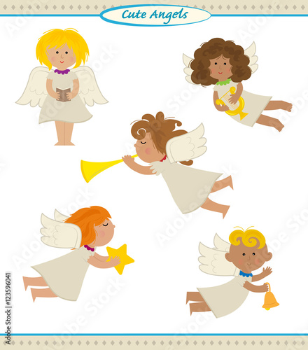 Cute Angels - Vector set of five cute angels doing different things. Eps10