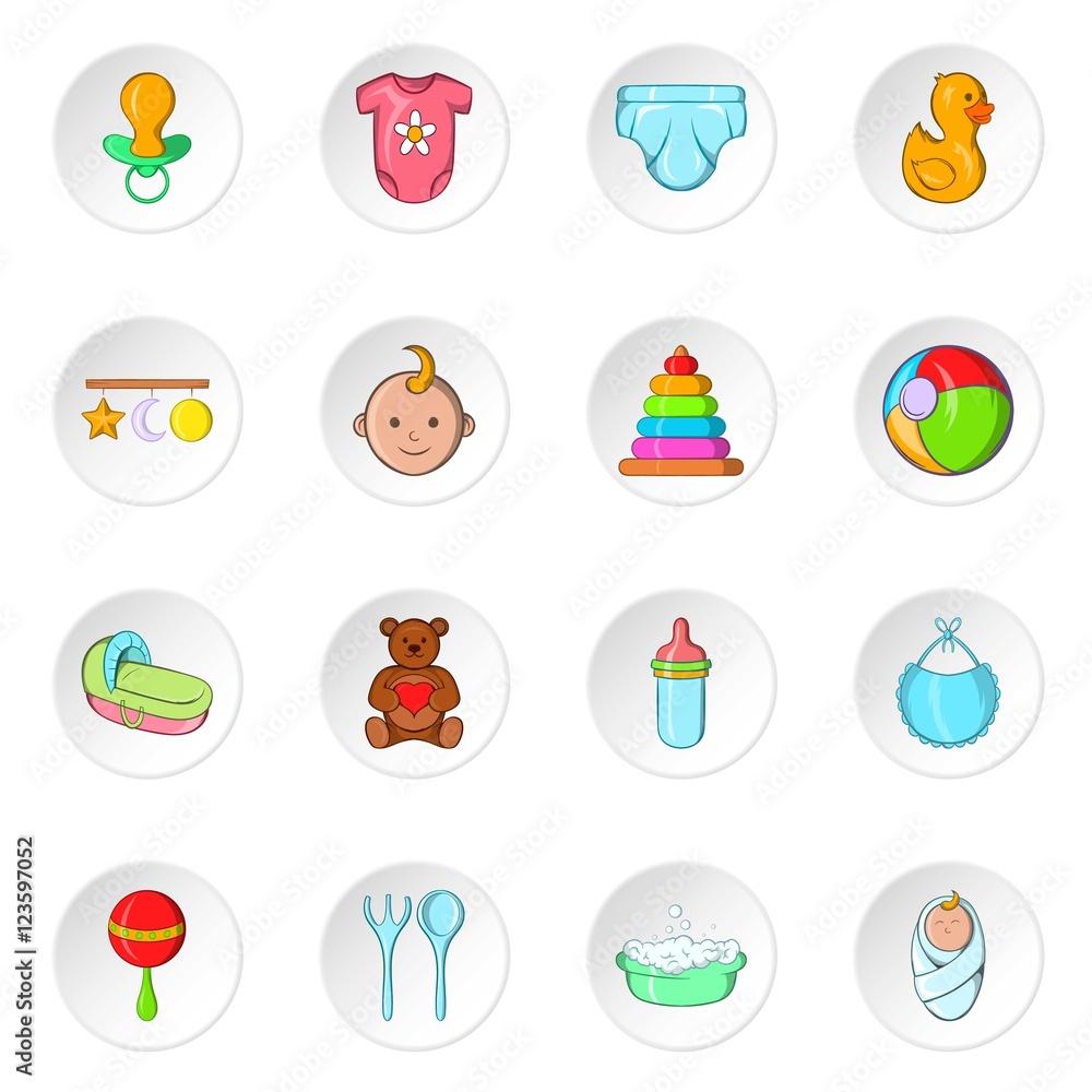 Baby care icons set. Cartoon illustration of 16 baby care vector icons for web
