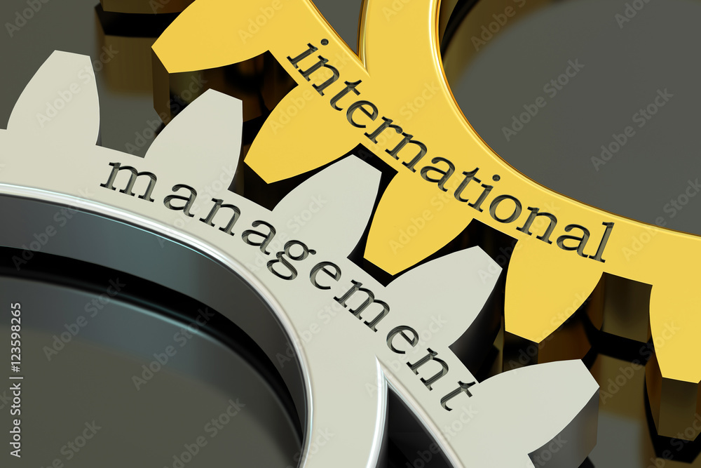 International Management concept on the gearwheels, 3D rendering