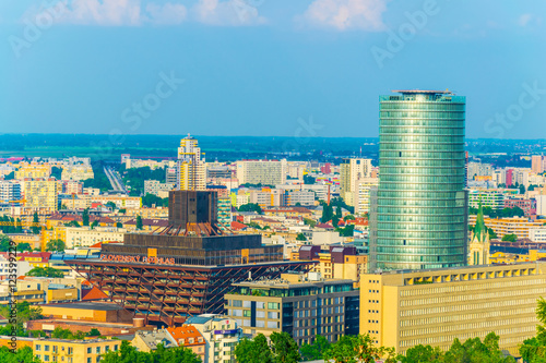 Photography aerial view of the slovakian national bank and slovak radio in Bratislava