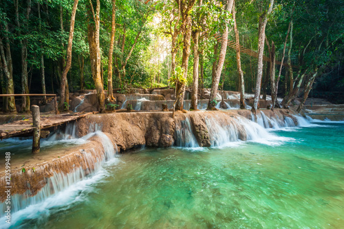 Jangle landscape with amazing turquoise water of Kuang Si cascade waterfall at deep tropical rain forest. Luang Prabang  Laos travel landscape and destinations