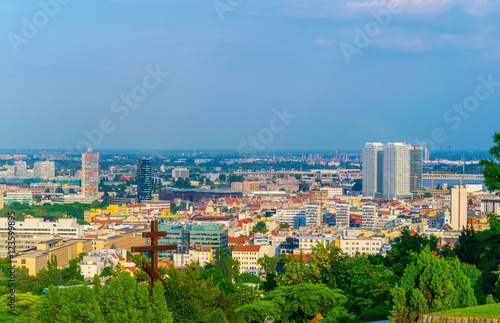 Photography aerial view of the slovakian capital bratislava taken from the slavin hill