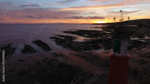 Aerial view of a lighthouse at sunrise. photo