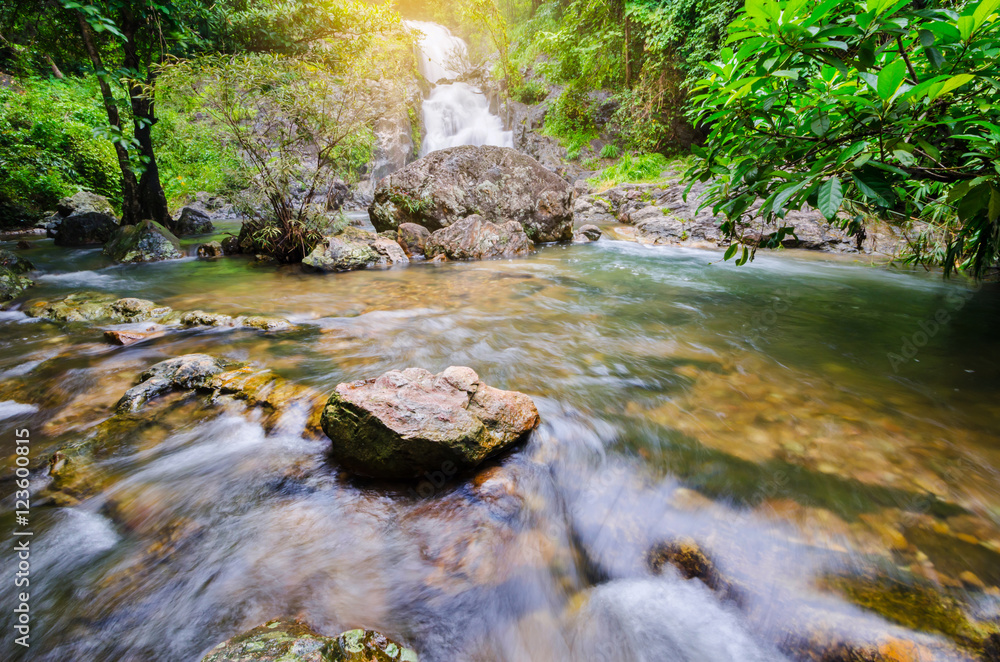 Fototapeta premium Deep forest waterfall at Sarika Waterfall World Heritage collect